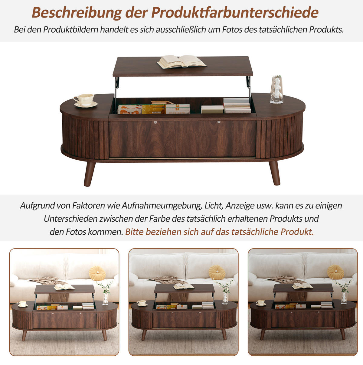 COUCHTISCH 120/50 cm höhenverstellbar mit verstecktem Stauraum in Nussbaum - Nussbaumfarben, Holzwerkstoff (120/50/39.5cm) - BEAOK
