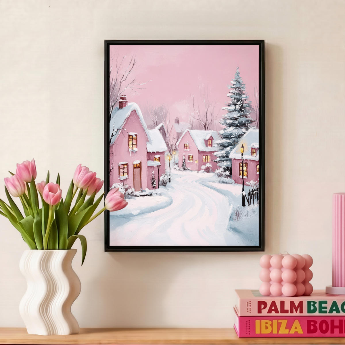 LEINWAND Bilder mit Rahmen - Weihnachtsdorf - Rosa - Winter - Schnee - Häuser - 30x40 - Altrosa, Textil (30/40cm) - MuchoWow