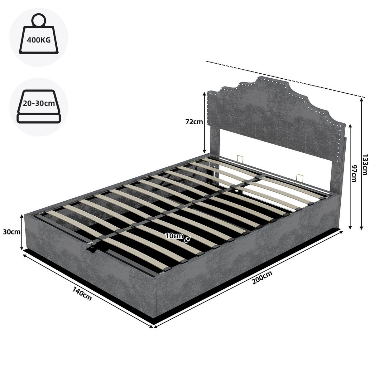 POLSTERBETT 140/200 cm grau aus Stoff und Metall mit Lattenrost - Grau, Textil (140/200cm) - OKWISH
