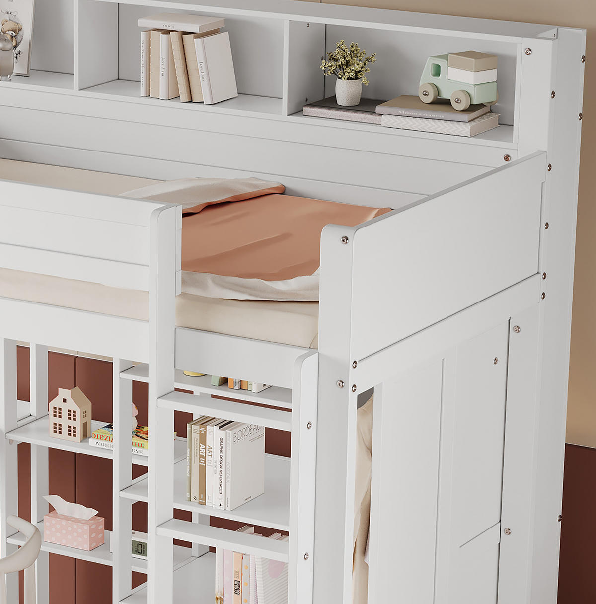 ETAGENBETT mit Tisch und Kleiderschrank, Weiß, 90/200 cm - Weiß, Holz (90/200cm) - MIVRAY