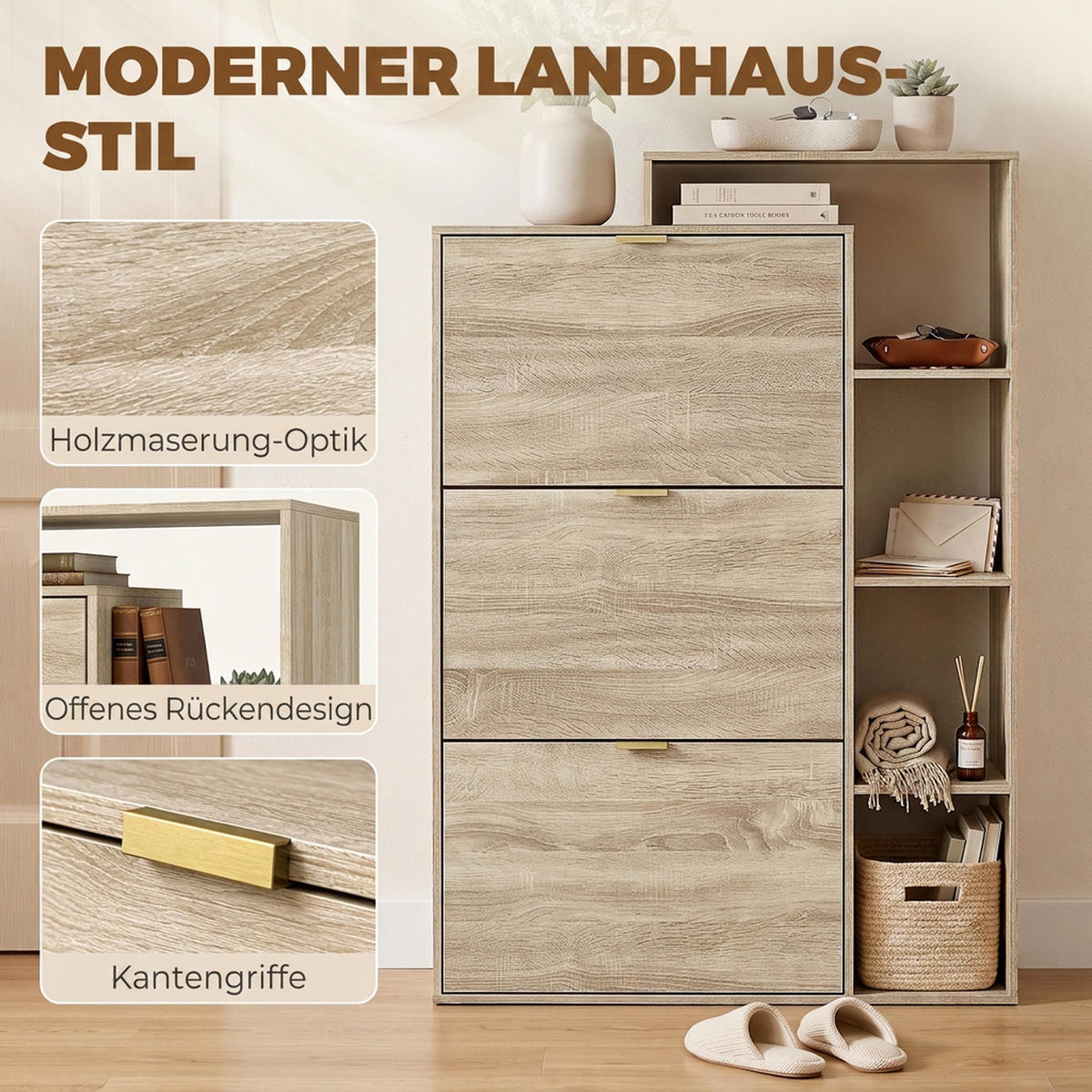 SCHUHSCHRANK MDF Naturholz - Goldfarben/Naturfarben, Holzwerkstoff/Metall (25/123.8/80cm) - HOMCOM
