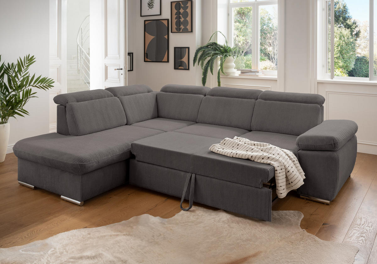 ECKSOFA mit Schlaffunktion, Bettkasten, Kopfstützen verstellbar, Wellenunterfederung, Ottomane links B283/T228/H102 cm, Cord Grau Anthrazit / 17219 - Chromfarben/Schieferfarben, Textil/Metall (283/228cm) - luma-home