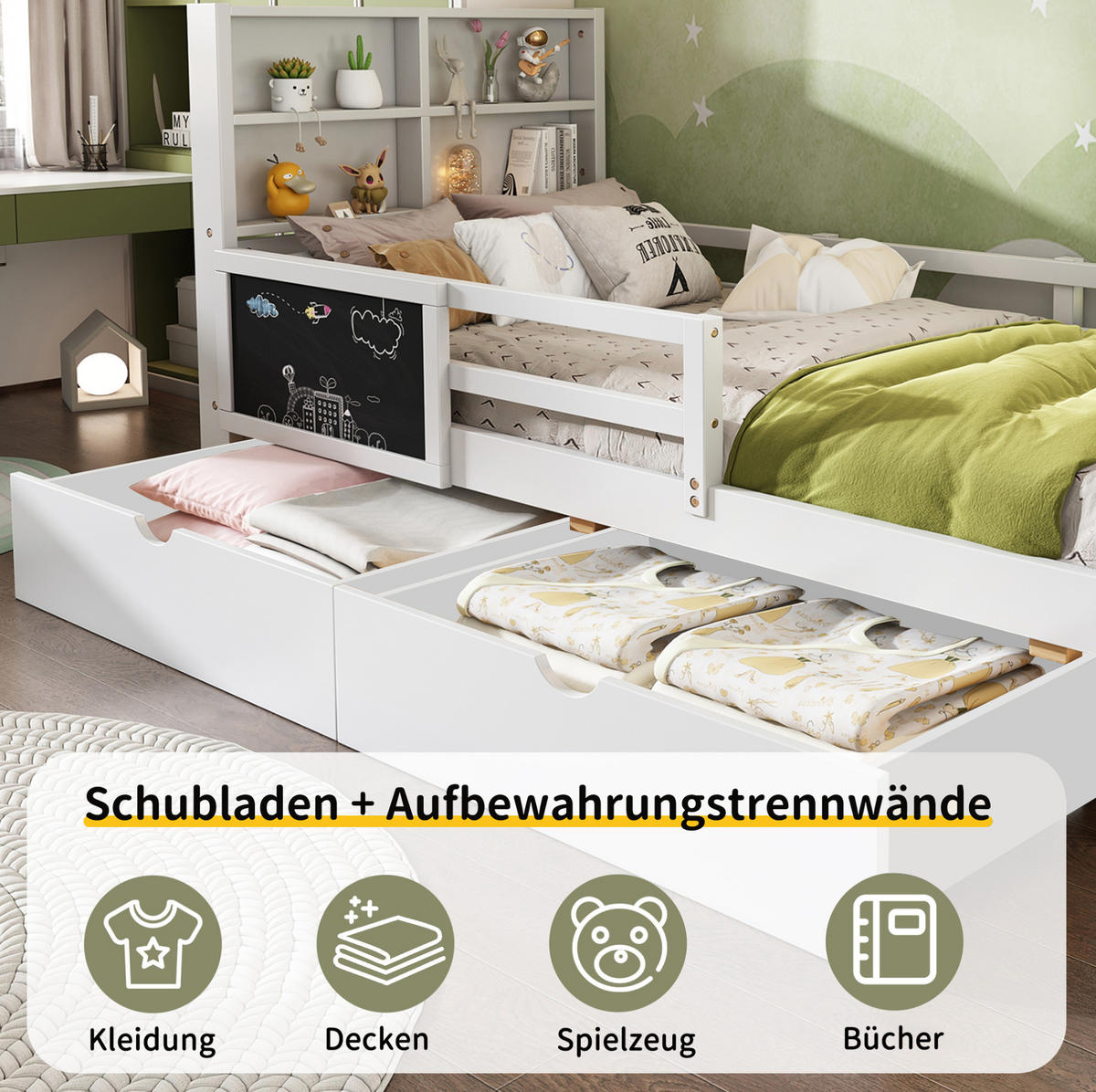 KINDERBETT Liegefläche 90/200 cm in Weiß mit Schubladen und Sicherheitsleiste - Weiß, Holz (90/200cm) - BEAOK