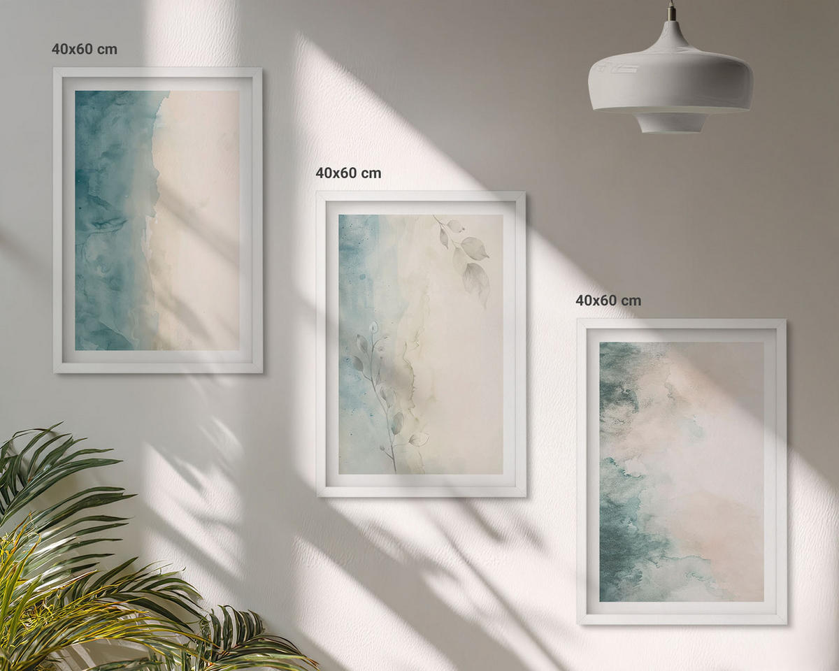 BILDER SET 3er Set - 40x60 cm Weißer Rahmen - Minimalismus auf Aquarellleinwand - Weiß, Kunststoff (40/60cm) - TULUP