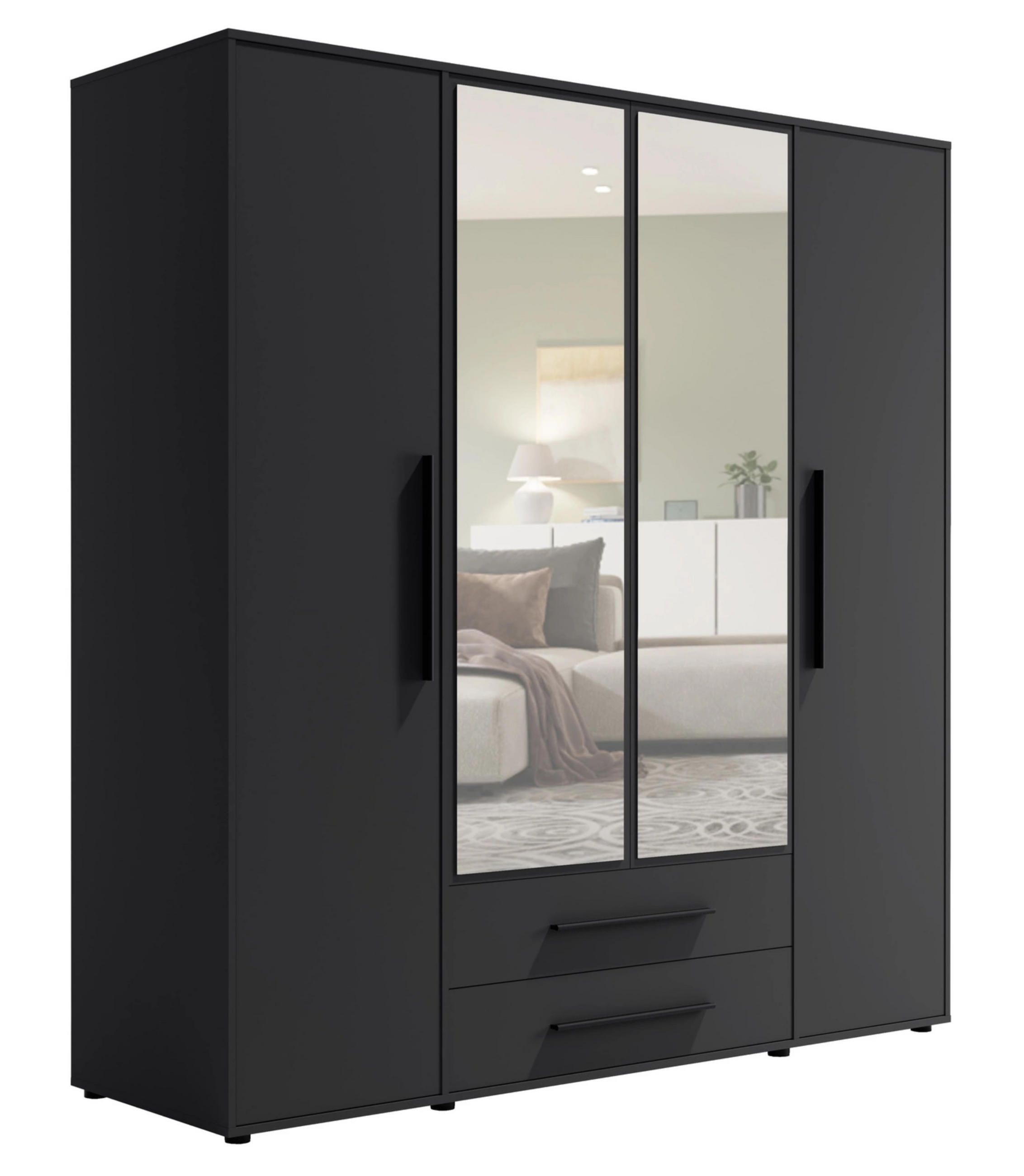 KLEIDERSCHRANK Modena in Schwarz, mit Spiegel, mit Tür, mit Türen und Schubladen - Schwarz, Holzwerkstoff/Kunststoff (200/206/59cm) - Ravio