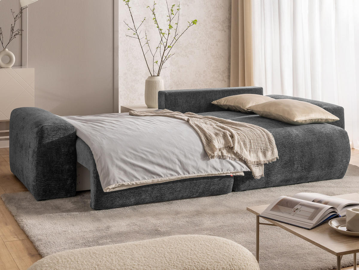 ECKSOFA Puffy mit Schlaffunktion und Bettkasten - besonders weich und puffig aus Dunkelgrau Stoff mit Chenillestruktur - Ottomane rechts - Dunkelgrau/Schwarz, Holz/Kunststoff (266/138cm) - S-Style Möbel