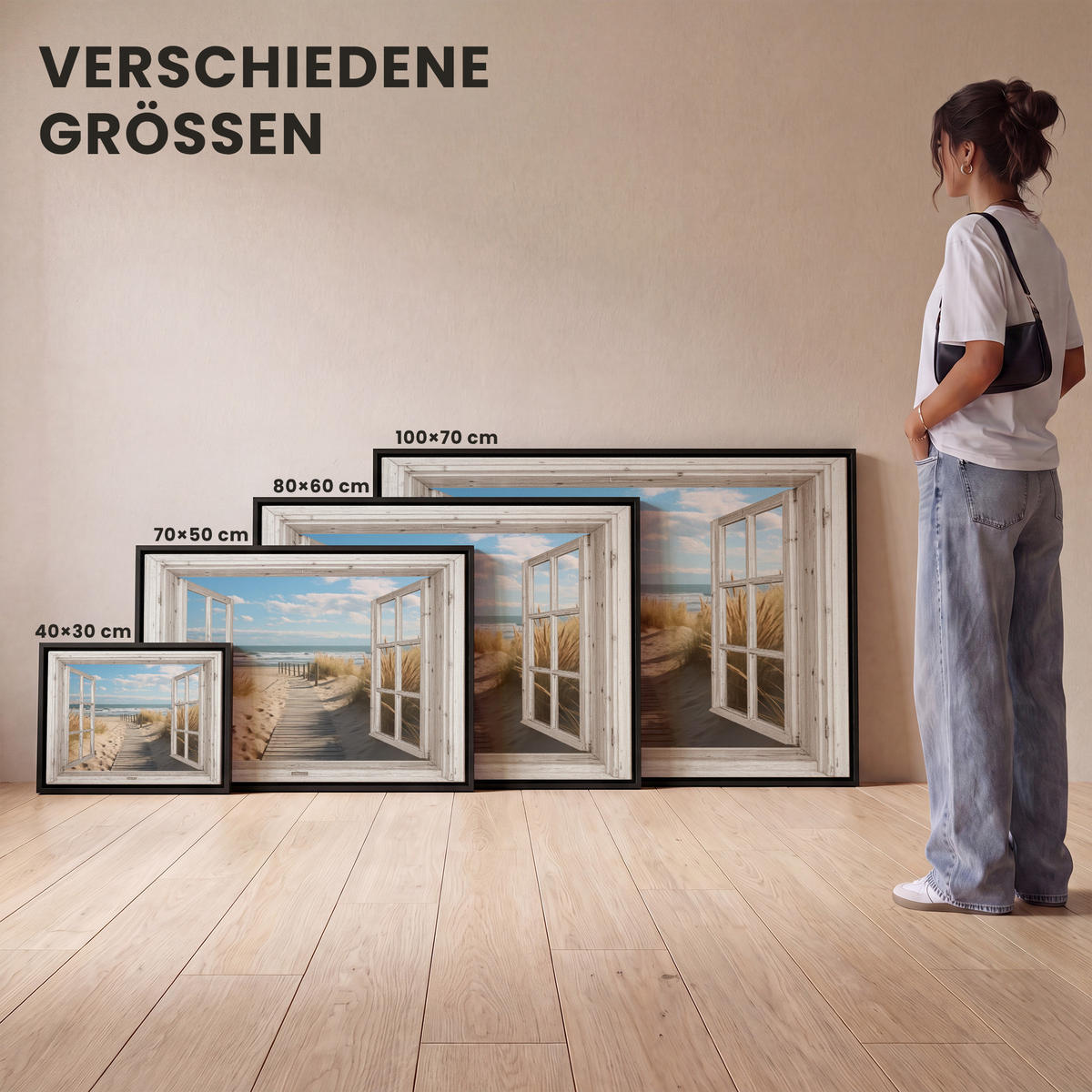 LEINWAND Bilder mit Rahmen - Fenster - Meer - Küste - Natur - Ausblick - Strand - Wattenmeer - 80x60 - Beige, Textil (80/60cm) - MuchoWow