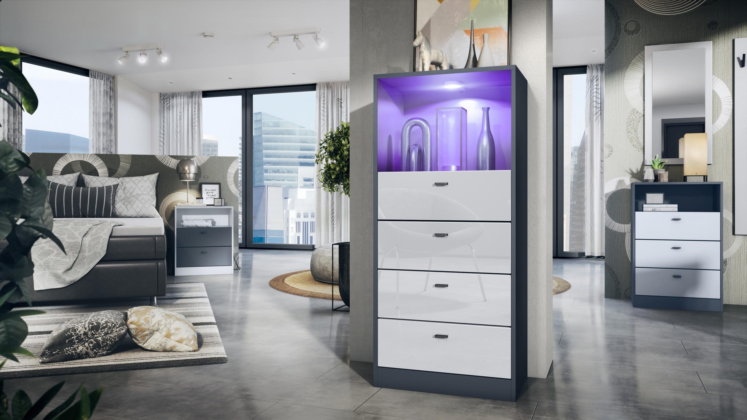 Thumbnail - Vladon Kommode, Weiß Hochglanz, Holzwerkstoff, 56x125x36 cm, Wohnzimmer, Kommoden & Sideboards, Highboards