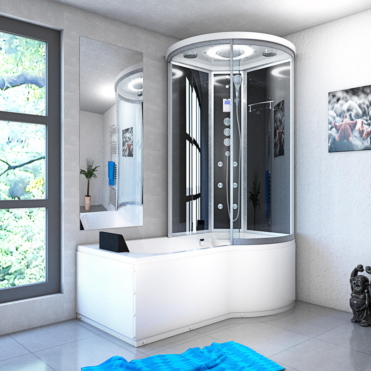 DUSCHKABINE mit Wanne K55-L33-EC Schwarz 170x100 - Schwarz, Glas/Kunststoff (170/98/220cm) - AcquaVapore by Sandra Jentho