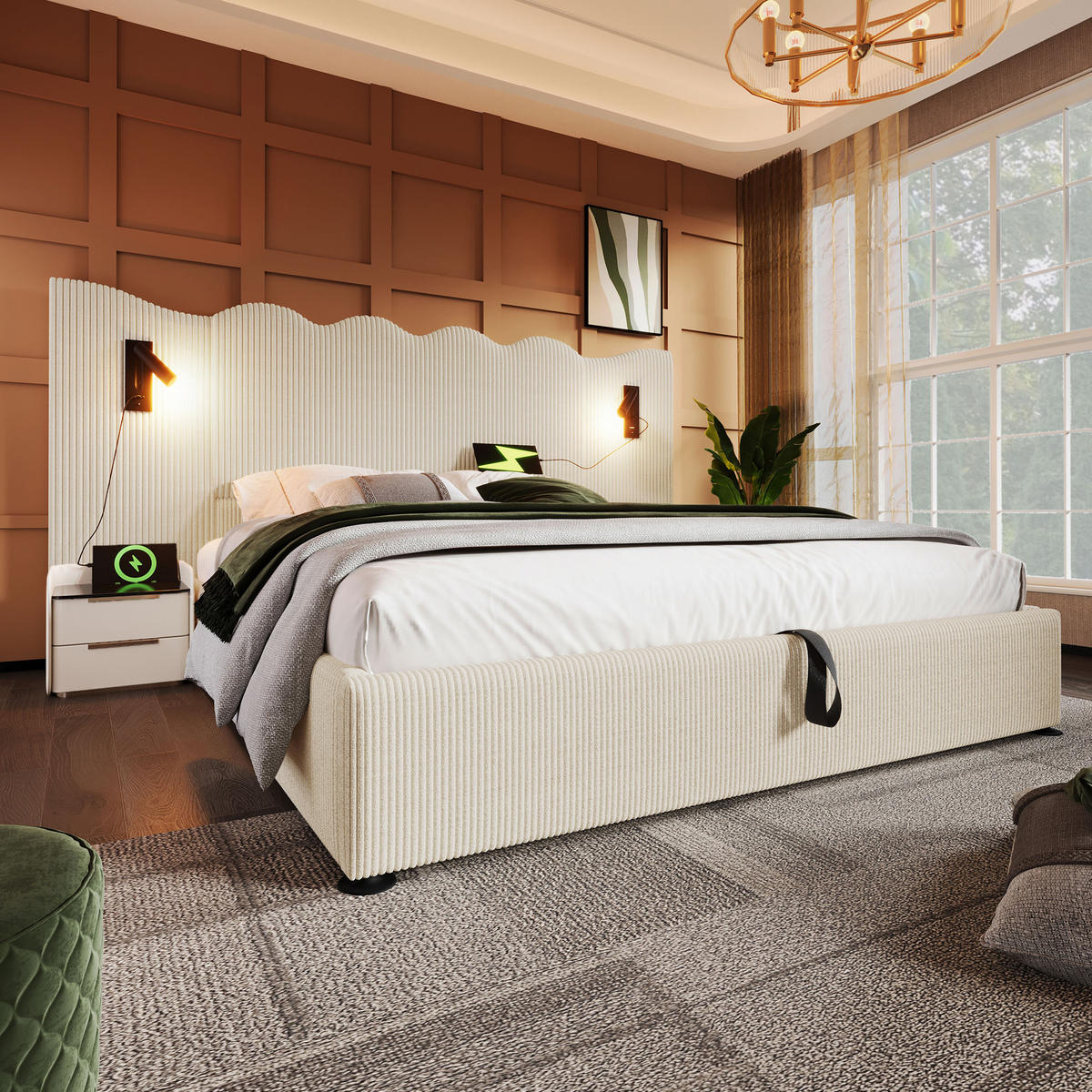 STAURAUMBETT 180/200 cm DE-00852, in Beige, Leselampe und Hydraulik - Beige, Metall (180/200cm) - ComfortXL