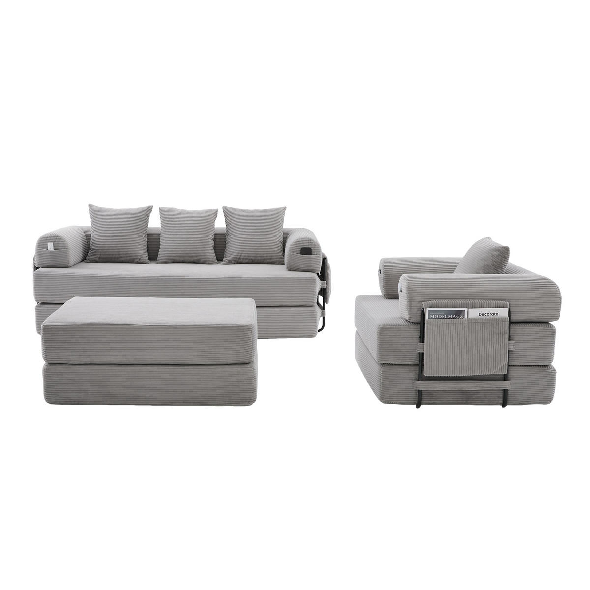 SITZGARNITUR DE-33801 modular mit Hocker Hellgrau - Hellgrau, Metall (200/67/190cm) - ComfortXL