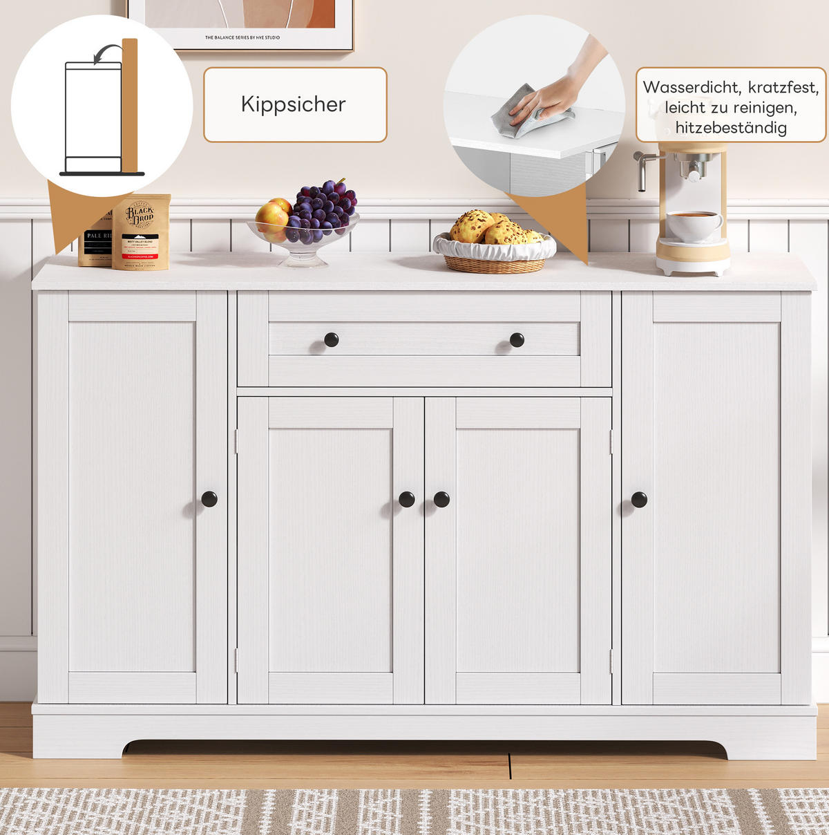 SIDEBOARD 138/40/85 cm Weiß aus MDF mit verstellbaren Einlegeböden - Weiß, Holzwerkstoff (138/85/40cm) - OKWISH