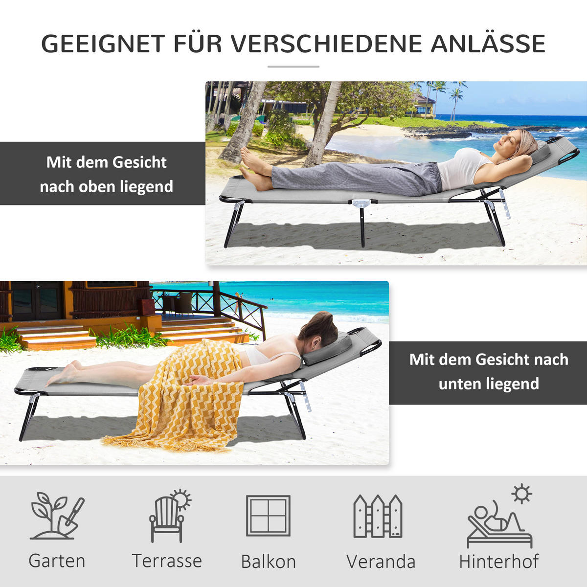 SONNENLIEGE klappbar Gartenliege mit Kopfkissen, Gesichtsloch Liegestuhl Grau - Dunkelgrau/Schwarz, Textil/Metall (58/36/187cm) - Outsunny