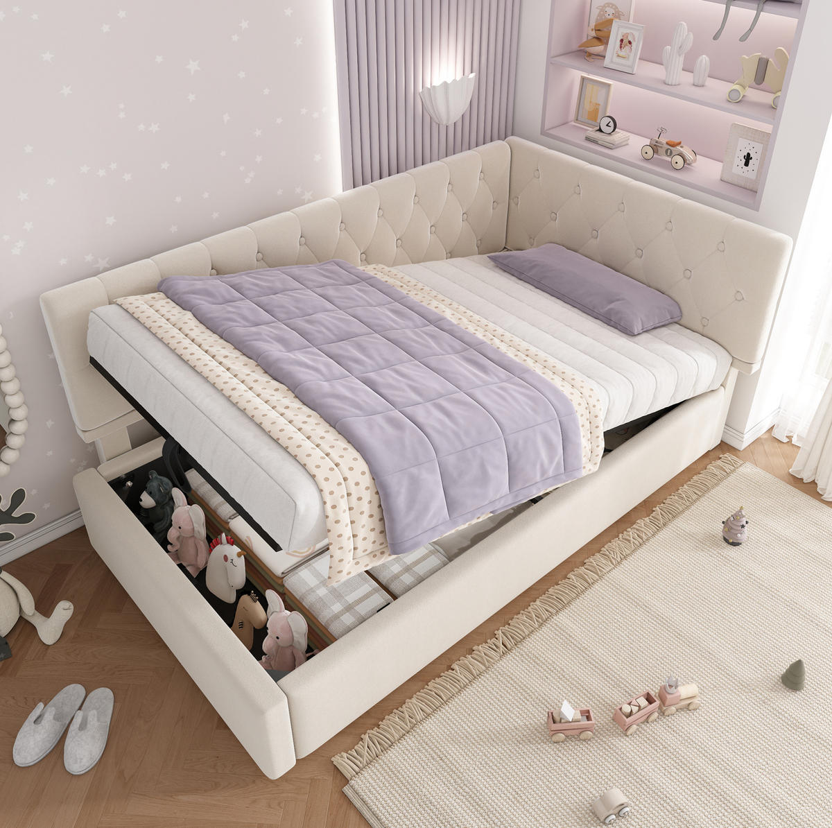 KINDERBETT Polsterbett 90/190 cm aus Samt mit hydraulischem Stauraum Beige - Beige, Textil (90/190cm) - Modenvie