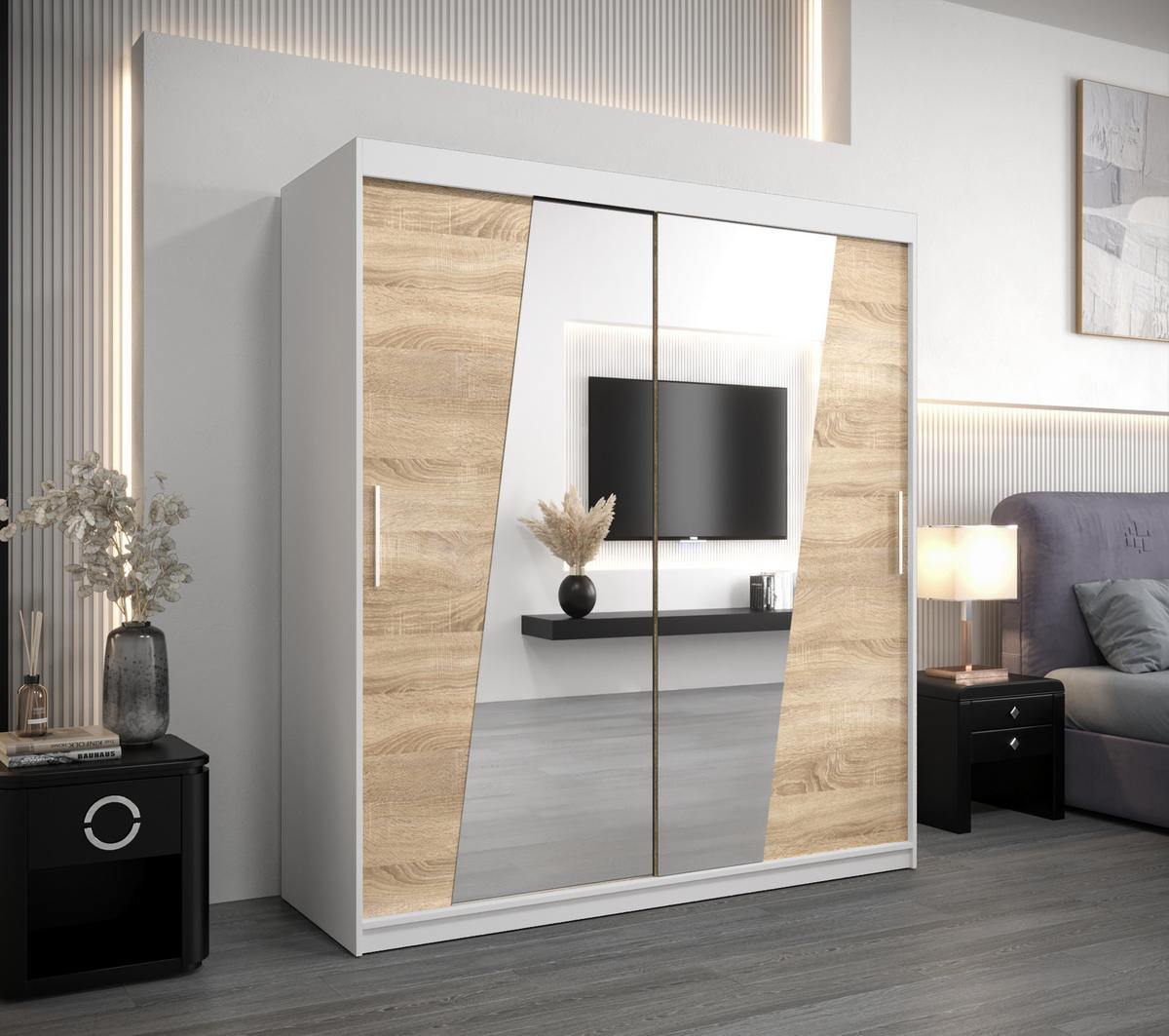 SCHWEBETÜRENSCHRANK 200/180/62 2-türig - Silberfarben/Weiß, Holz/Kunststoff (180/200/62cm) - Abiks Möbel