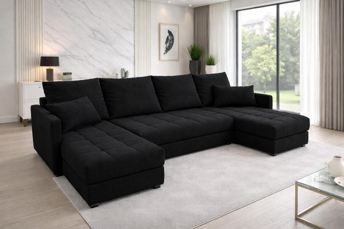 WOHNLANDSCHAFT AURELIA – Ecksofa in U-Form mit Schlaffunktion, Bettkasten & Kissen Stoff KRONOS 287 cm Schwarz - Schwarz, Kunststoff (287/140cm) - Wohnideebilder