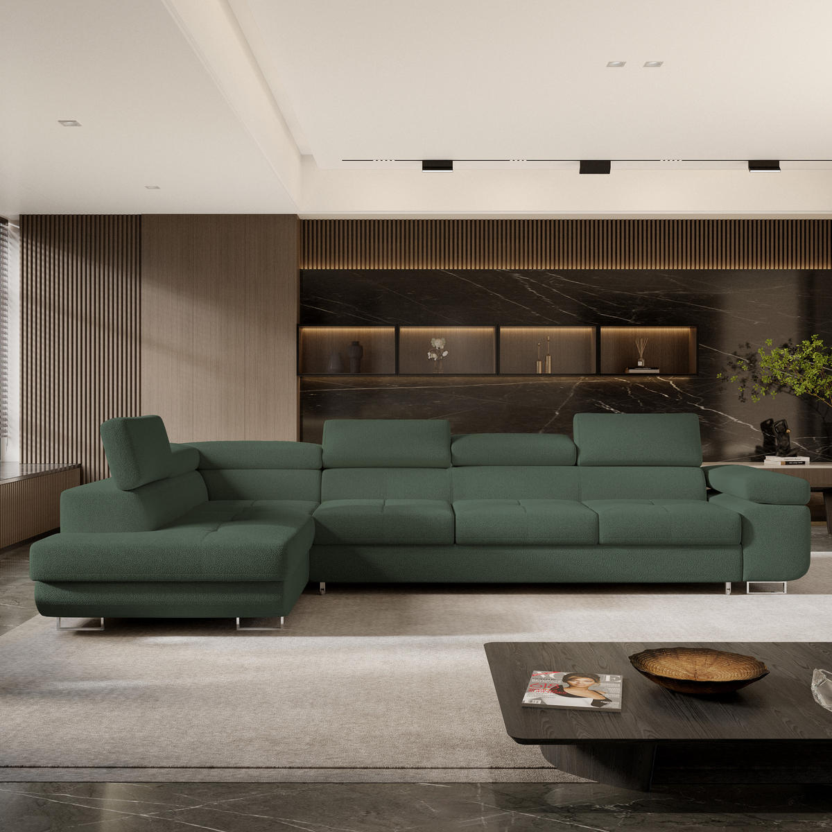 ECKSOFA VICENTE Grün Boucle-Stoff mit Schlaffunktion - Grün, Holz (346/202cm) - MASSENO