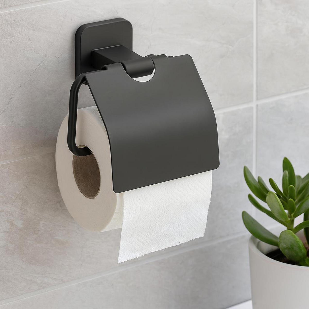PAPIERHALTER mit Klappe Porto 6,5/14,5/13 cm - Schwarz, Metall (14.5/13/6.5cm) - Wenko