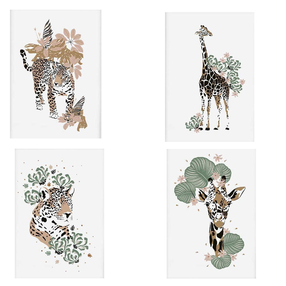 POSTER Set mit 4 GiraffenLeopardblatt, Blumen und Pflanzen vom Dschungel A3 Rahmenlos - Klar, Papier (29.7/3cm) - Nacnic