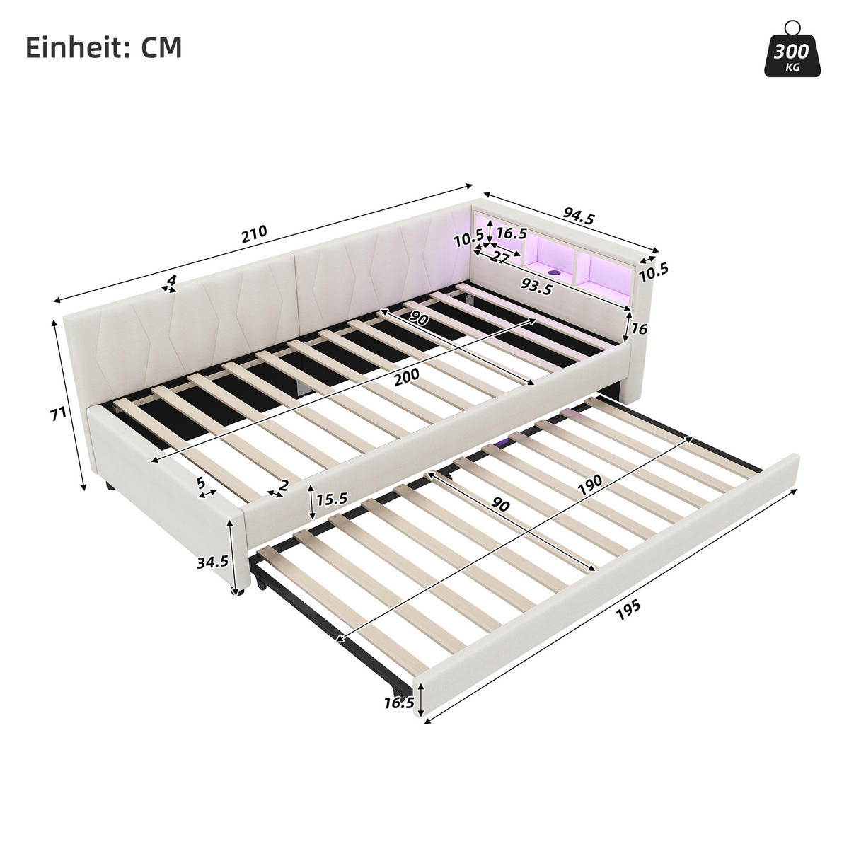 POLSTERBETT 90/200 cm beige mit USB- und Type-C-Anschlüssen und LED-Beleuchtung - Beige, Textil (90/200cm) - OKWISH