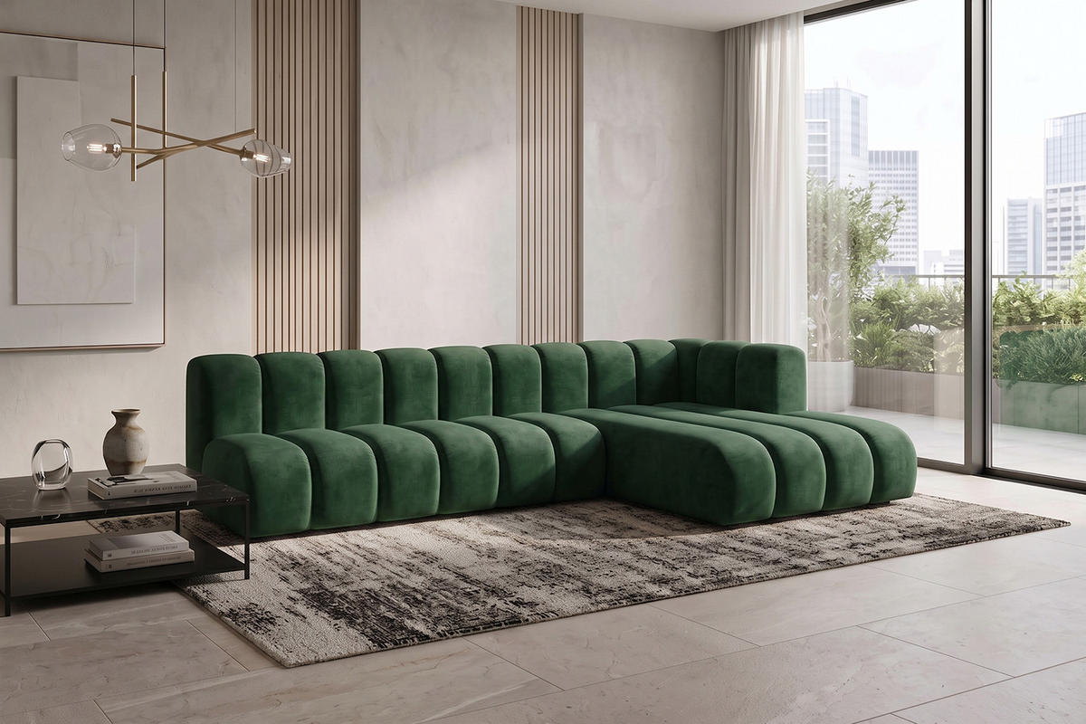 ECKSOFA Modulares In L-Form, Velvet-Stoff Riviera, Grün, Rechts, GRAND 295 cm - Grün, Holz (295/179cm) - Kaiser Möbel