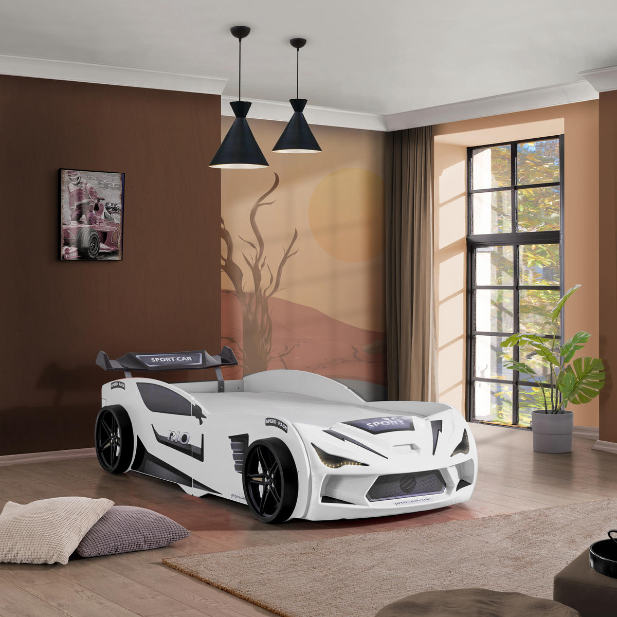 AUTOBETT 90x200 Rio Kinderbett mit LED Leuchte und Lattenrost - Weiß, Holzwerkstoff (90/200cm) - Aileenstore