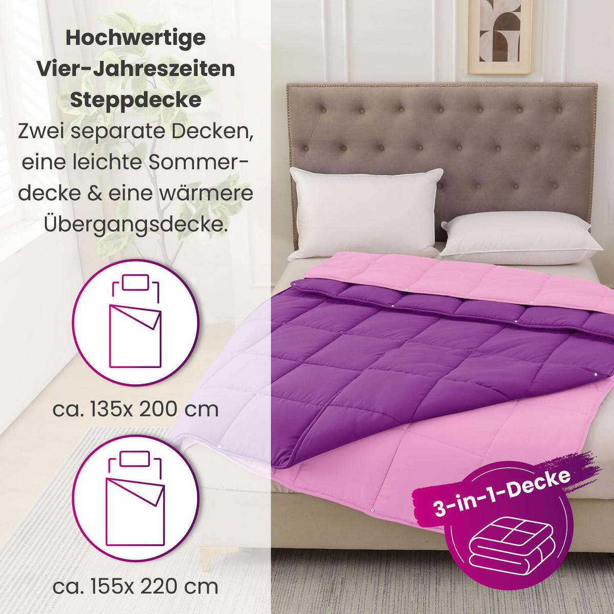 4-JAHRESZEITEN Steppbett Bi-Color im Wende-Design lila 135x200 - Lila, Textil (135/200cm) - wometo