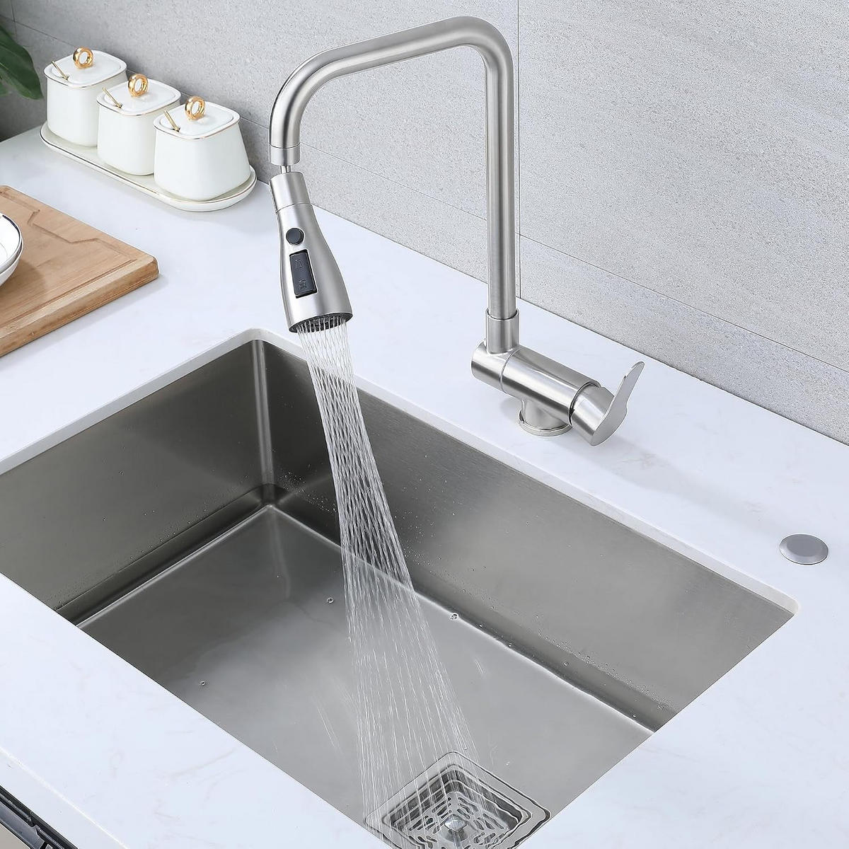 KÜCHENARMATUR klappbar für Vorfenstermontage, 4 Strahlarten, 304 Edelstahl gebürstet - Silberfarben, Metall (14.5/38/21cm) - TVTIUO