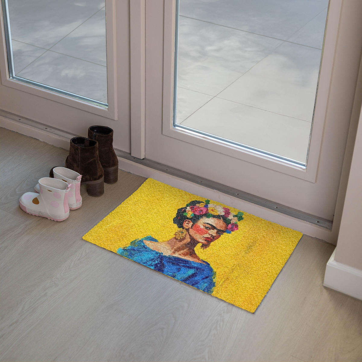 ROHOŽKA Frida Kahlo - Žena - Žlutá - Modrá - Květiny 60x40 cm - žlutá, plast/umělá hmota (60/0.4cm) - MuchoWow