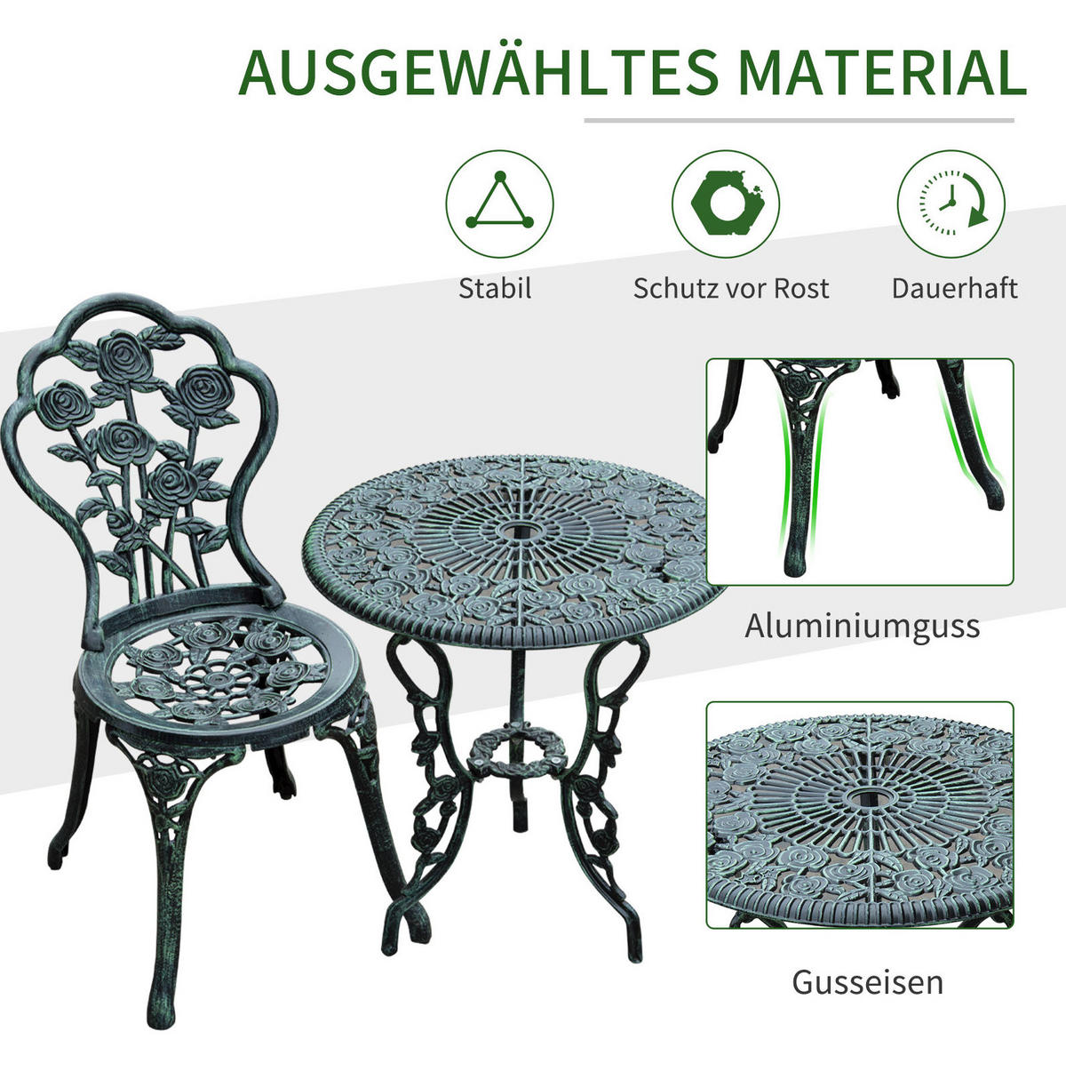 BISTROSET 3-tlg.60/60/69 cm grün aus Eisen im Antik-Look für Balkon und Terrasse - Grün, Metall - OKWISH