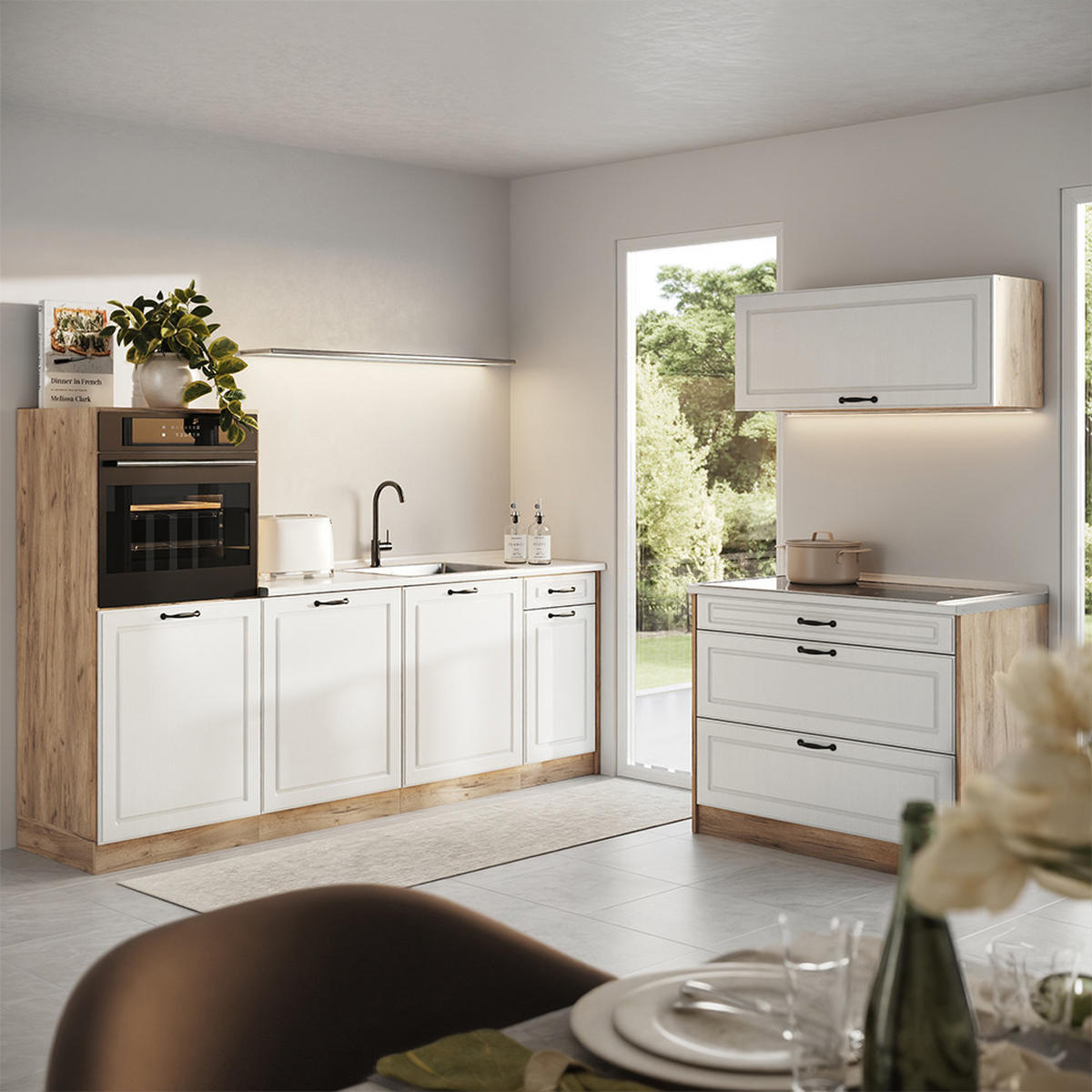KÜCHENZEILE R-Line, Weiß Landhaus/Goldkraft Eiche, 220 cm Arbeitsplatte Anthrazit - Eichefarben/Weiß, Holzwerkstoff (220/143/60cm) - Vicco