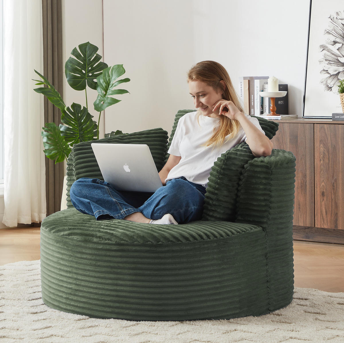 SESSEL aus Cord Grün mit ergonomischer Rückenlehne und tiefer Sitzfläche - Grün, Textil (124/86/113cm) - Modfu