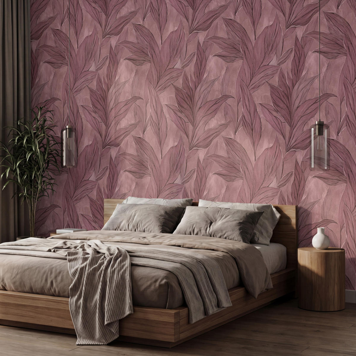 TAPETE - Blätter - Muster - Lila - 450x300 cm - Altrosa, Papier (450/300cm) - OnlyWow