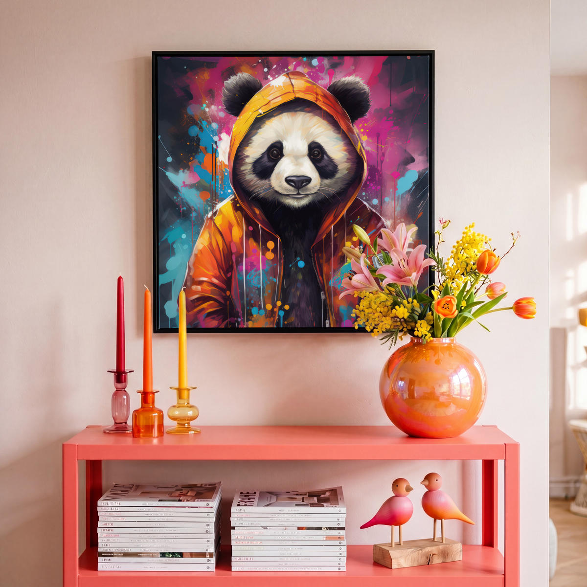 LEINWAND Bilder mit Rahmen - Panda - Jacke - Graffiti - Orange - 50x50 - Orange, Textil (50/50cm) - MuchoWow