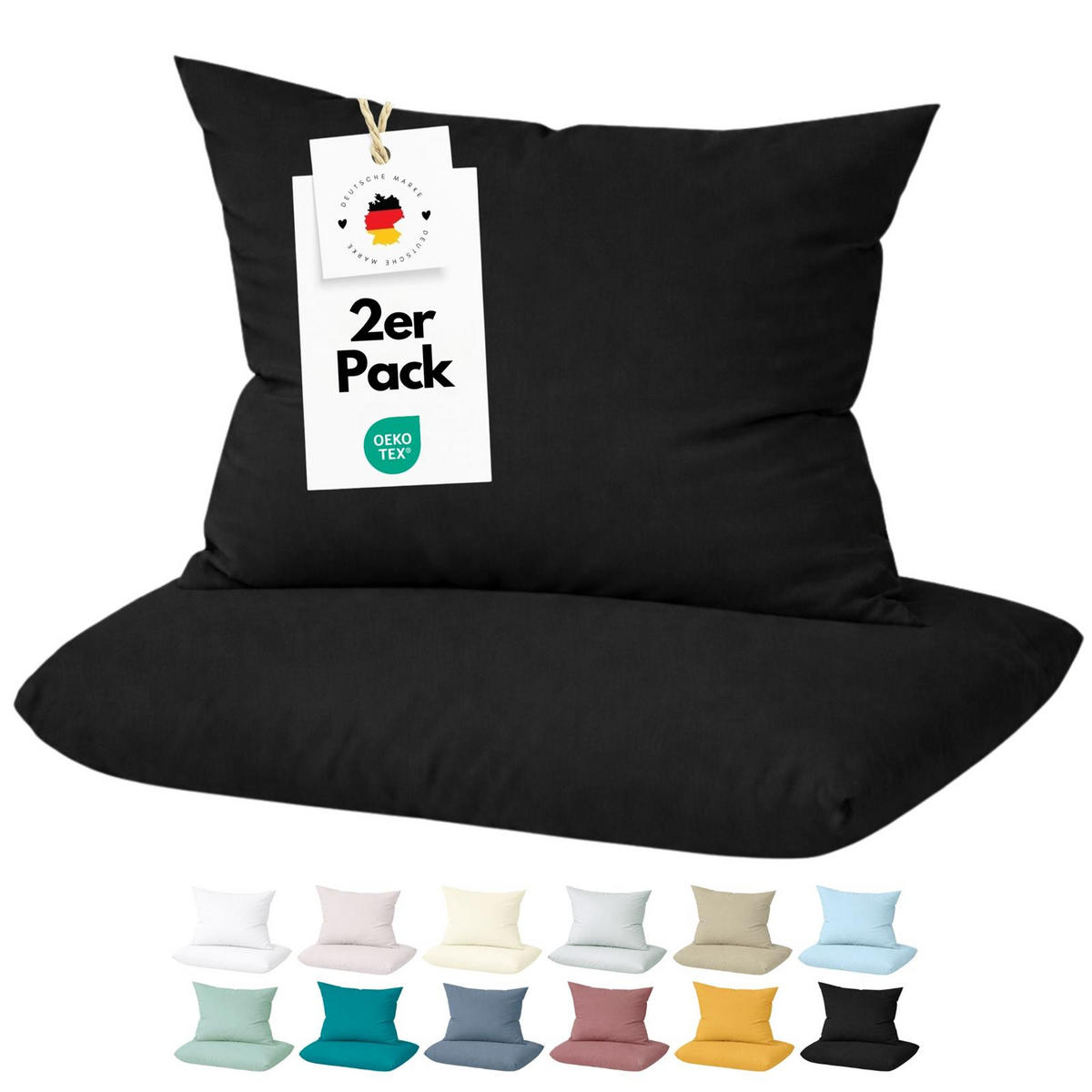 KISSENBEZUG Mako Satin 40x40 cm aus 100% Baumwolle, Kopfkissenbezug 40 x 40 im 2er Set - Schwarz - Schwarz, Textil (40/40cm) - Carpe Sonno