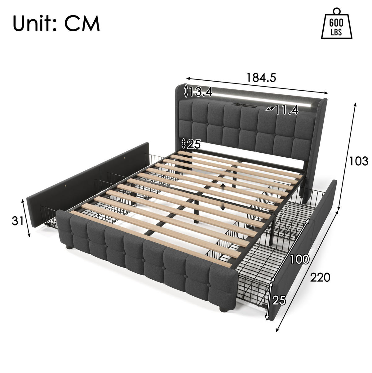 POLSTERBETT mit USB und LED 180x200 cm Grau mit 4 Schubladen - Grau, Holz (180/200cm) - Meubliv