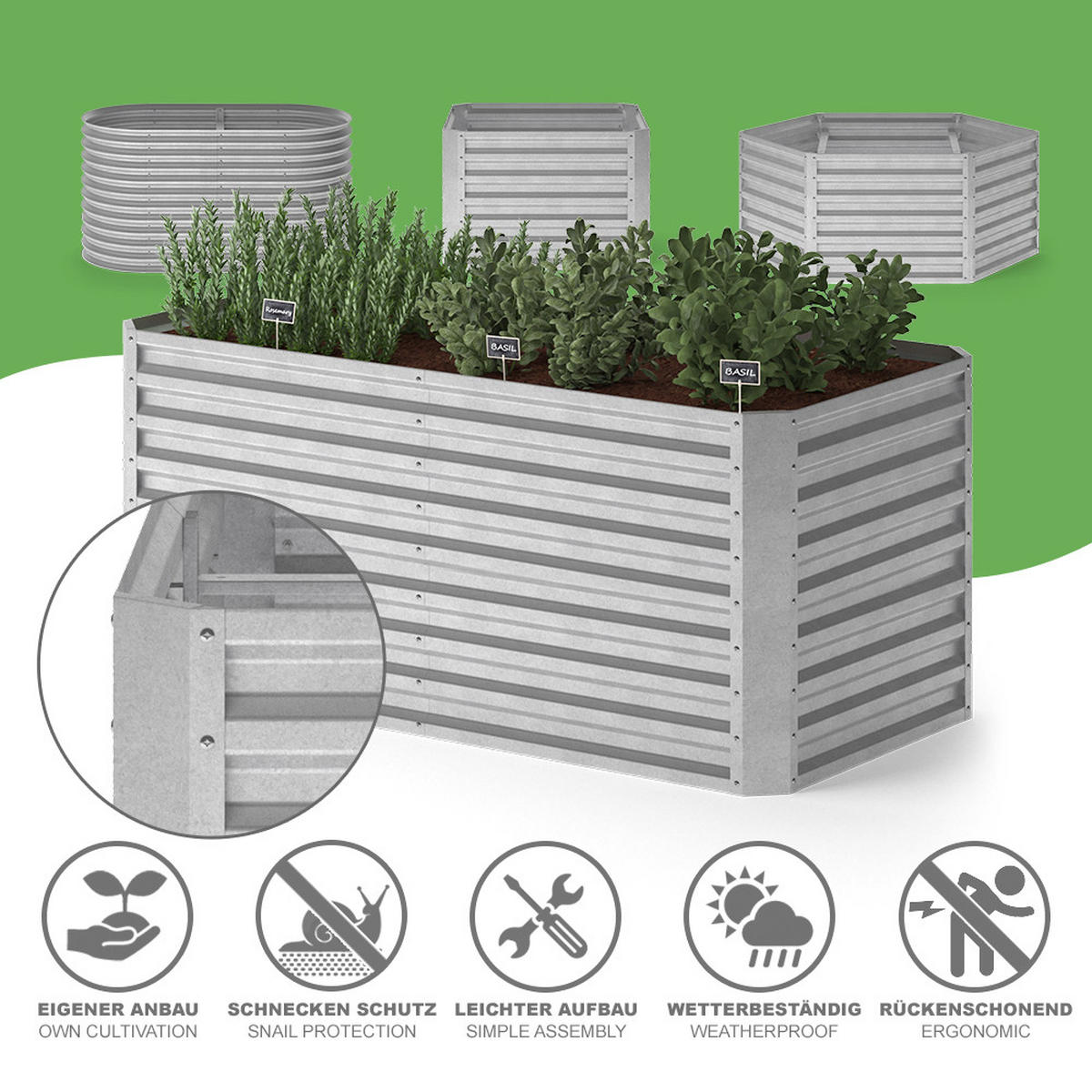 HOCHBEET Silber 180 x 90 cm - Silberfarben, Metall (180/80/90cm) - OK-Living