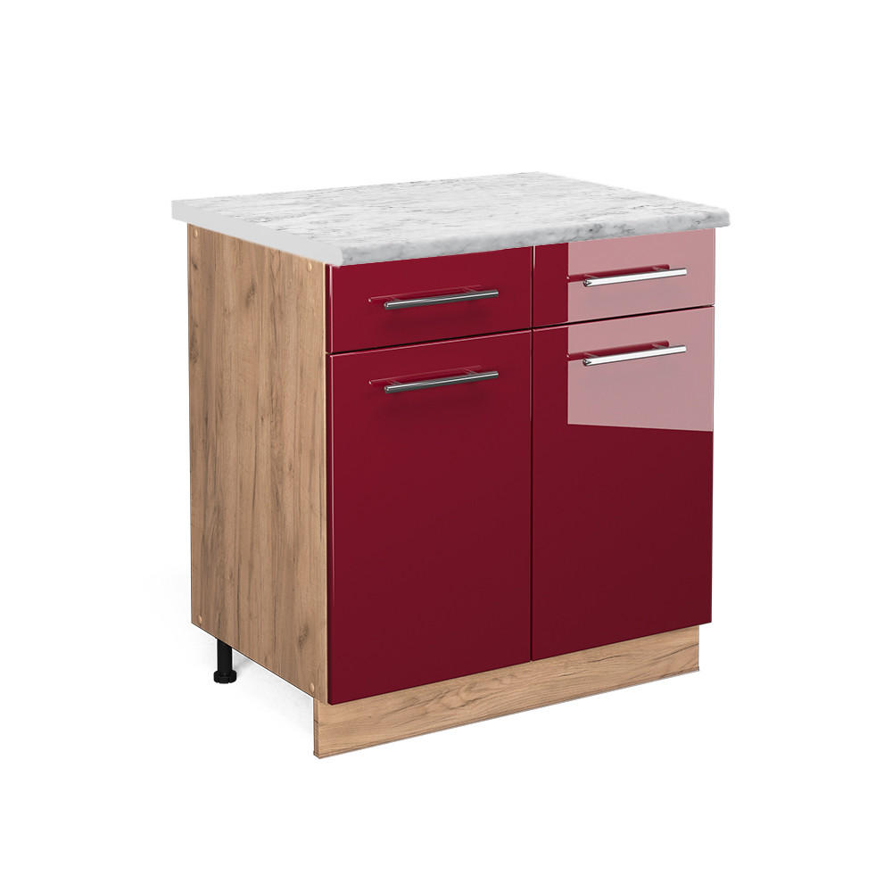 KÜCHENUNTERSCHRANK Fame-Line Bordeaux Hochglanz 80 cm, AP Marmor - Bordeaux/Eiche Wotan, Holzwerkstoff (80/82/60cm) - Vicco