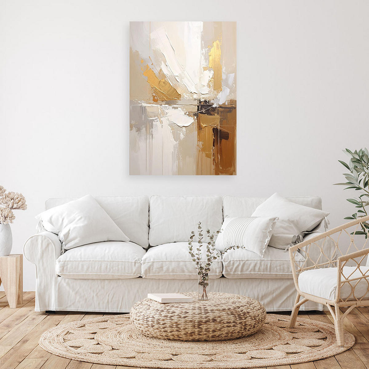 WANDBILD, Helle Abstraktion in Beige mit zarten Goldakzenten - Beige, Textil (80/120cm) - Feeby