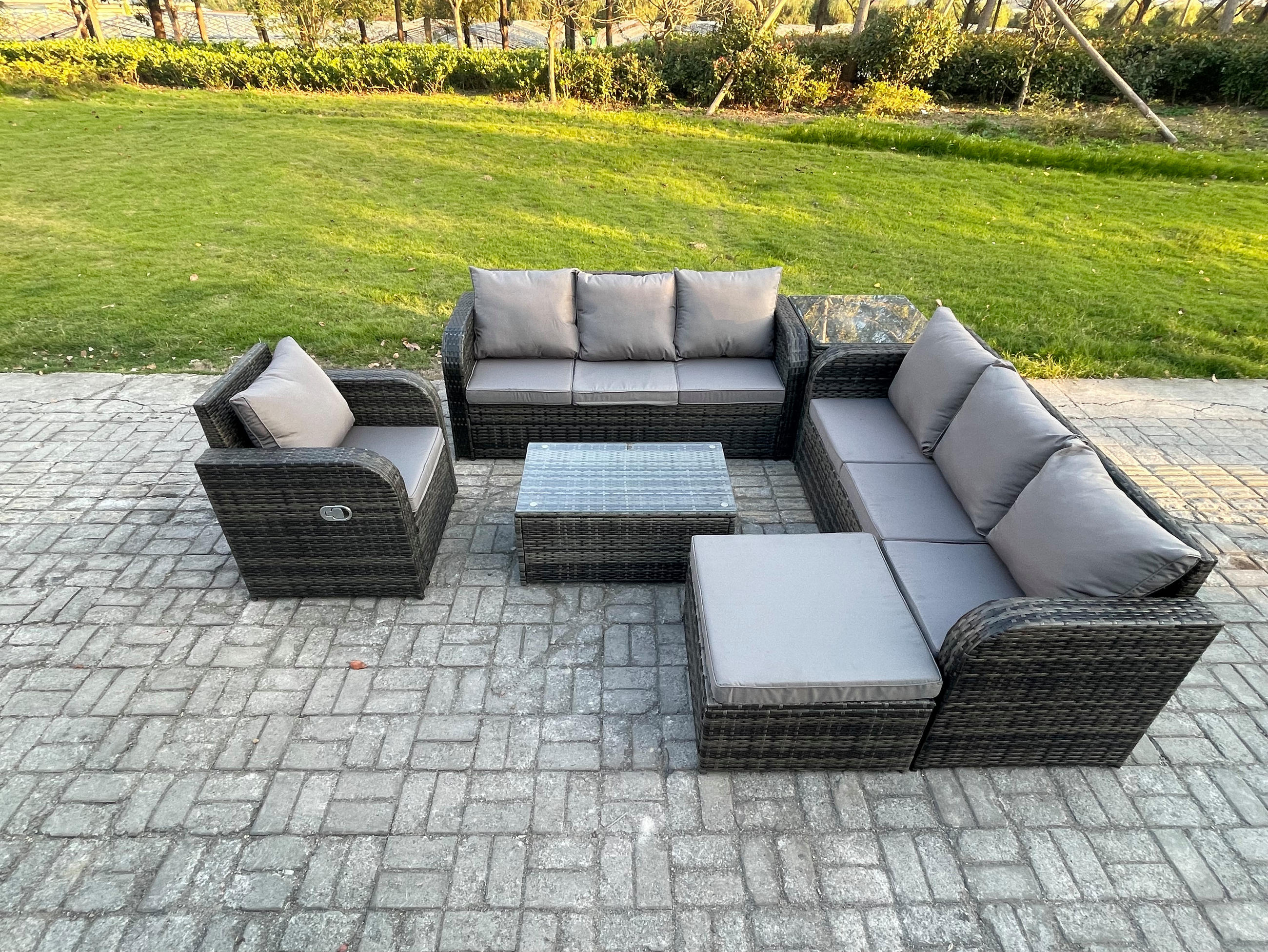 GARTENMÖBEL-SET mit Kissen Polyrattan Dunkelgrau 8-Sitzer - Dunkelgrau/Grau, Glas/Kunststoff - Fimous