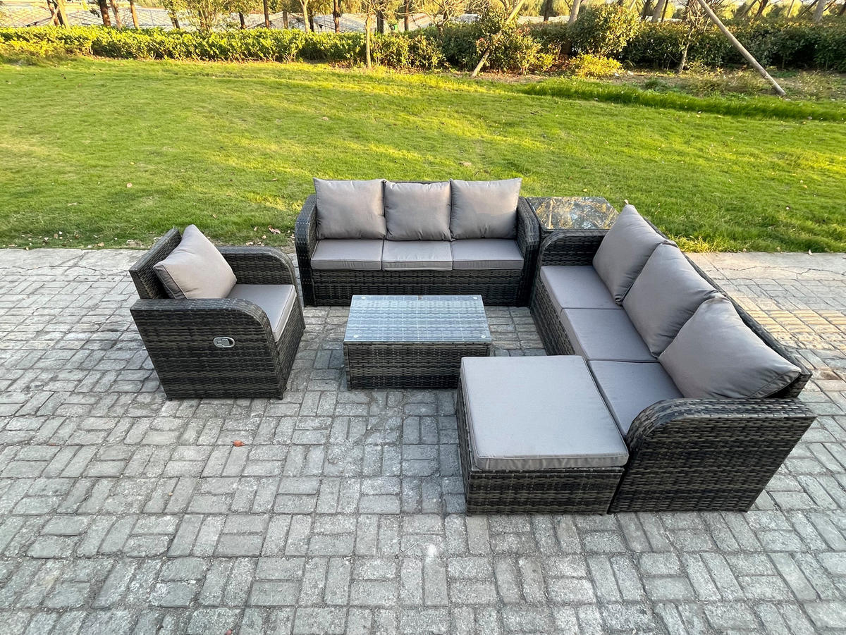 GARTENMÖBEL-SET mit Kissen Polyrattan Dunkelgrau 8-Sitzer - Dunkelgrau/Grau, Glas/Kunststoff - Fimous