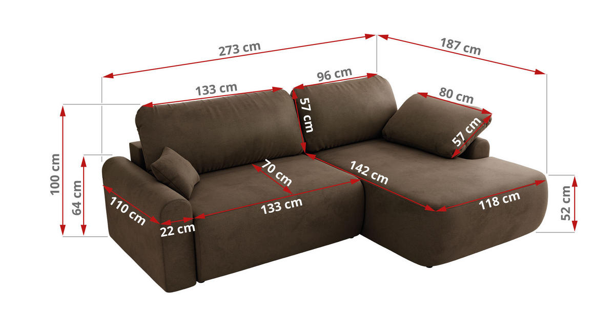 ECKSCHLAFSOFA CUBO L Braun Velvet - links - Schwarz/Braun, Kunststoff/Textil (273/187cm) - MKS