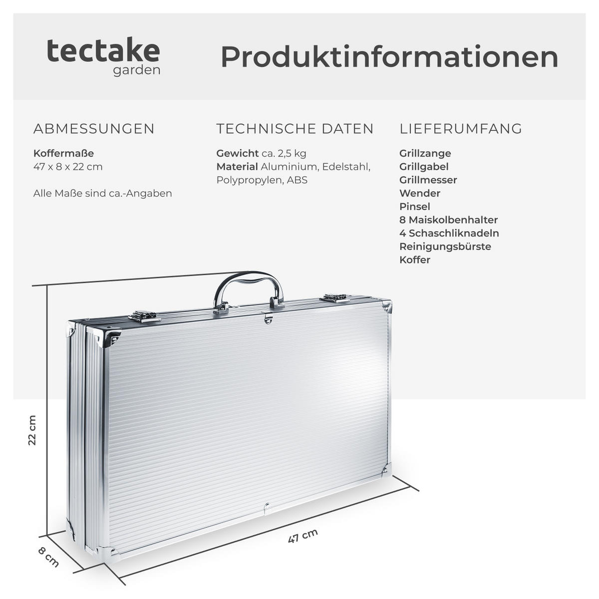 GRILLBESTECK ,inklusive Aluminiumkoffer,grau - Grau, Metall (47cm) - tectake