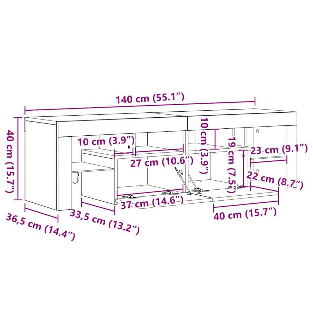 LOWBOARD mit Led 140/36,5/40 cm aus Holzwerkstoff in Artisan-Eiche Dekor - Eiche Artisan, Holz (140/40/36.5cm) - vidaXL
