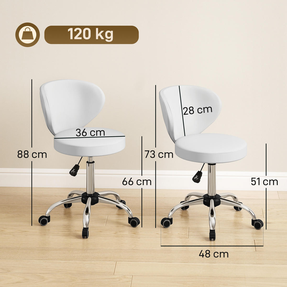 BÜROHOCKER DE-18038 höhenverstellbar 73-88 cm, gepolstert Weiß - Weiß, Metall (45/88/54cm) - ComfortXL