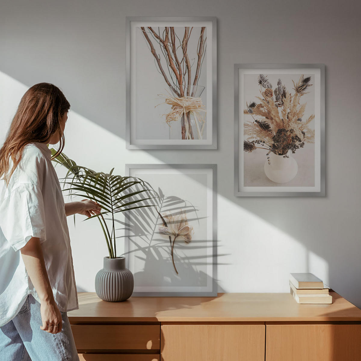 WANDBILDER 3er Set - 40x60 cm Silberner Rahmen - Blumenzweige minimalistisch - Silberfarben, Kunststoff (40/60cm) - ArtPrintCave
