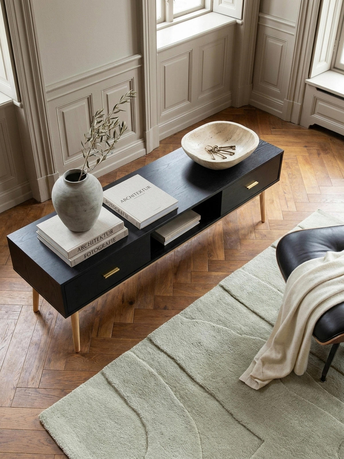 LOWBOARD Schwarz Eiche-Dekor Modern Stil 150x50x40 cm mit Schubladen und Ablagefach - Eichefarben/Schwarz, Holz (150/50/40cm) - KADIMA DESIGN