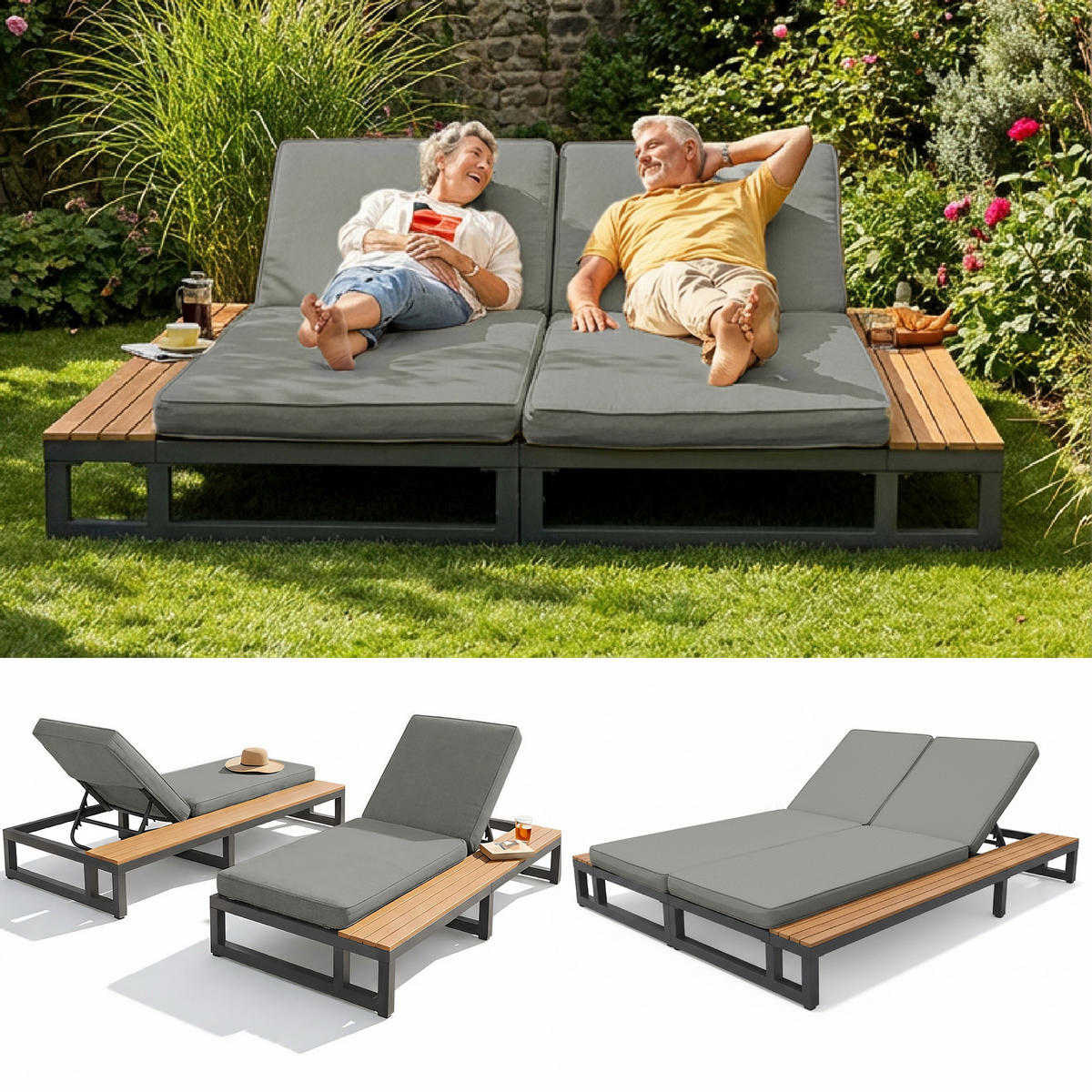SONNENLIEGE, 2 Personen, Verstellbar, Daybed, Grau - Grau, Metall (159/184cm) - FLIEKS