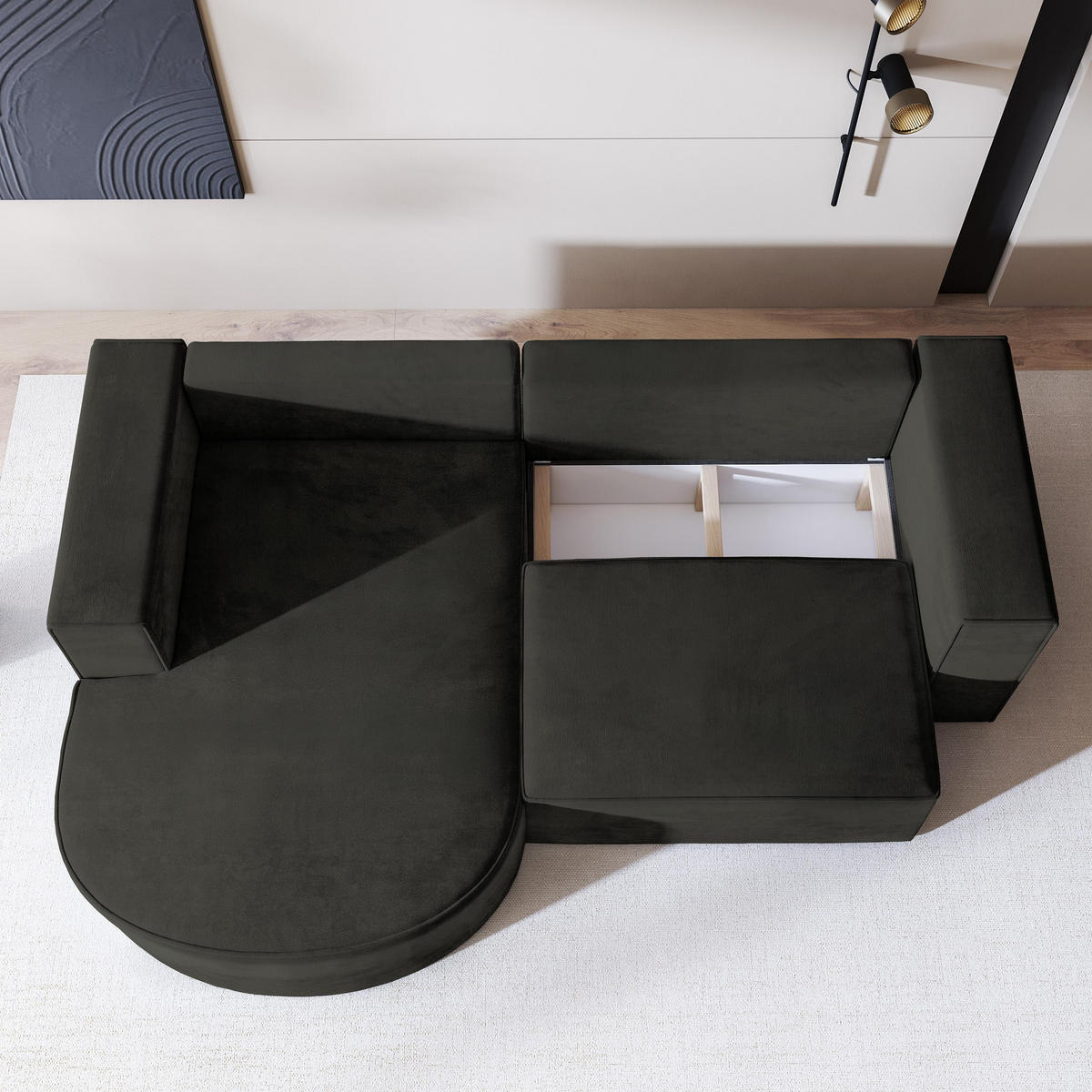 ECKSOFA SORELA M L-S Schwarz Velours-Stoff mit Schlaffunktion - Schwarz, Holz (263/174cm) - MASSENO