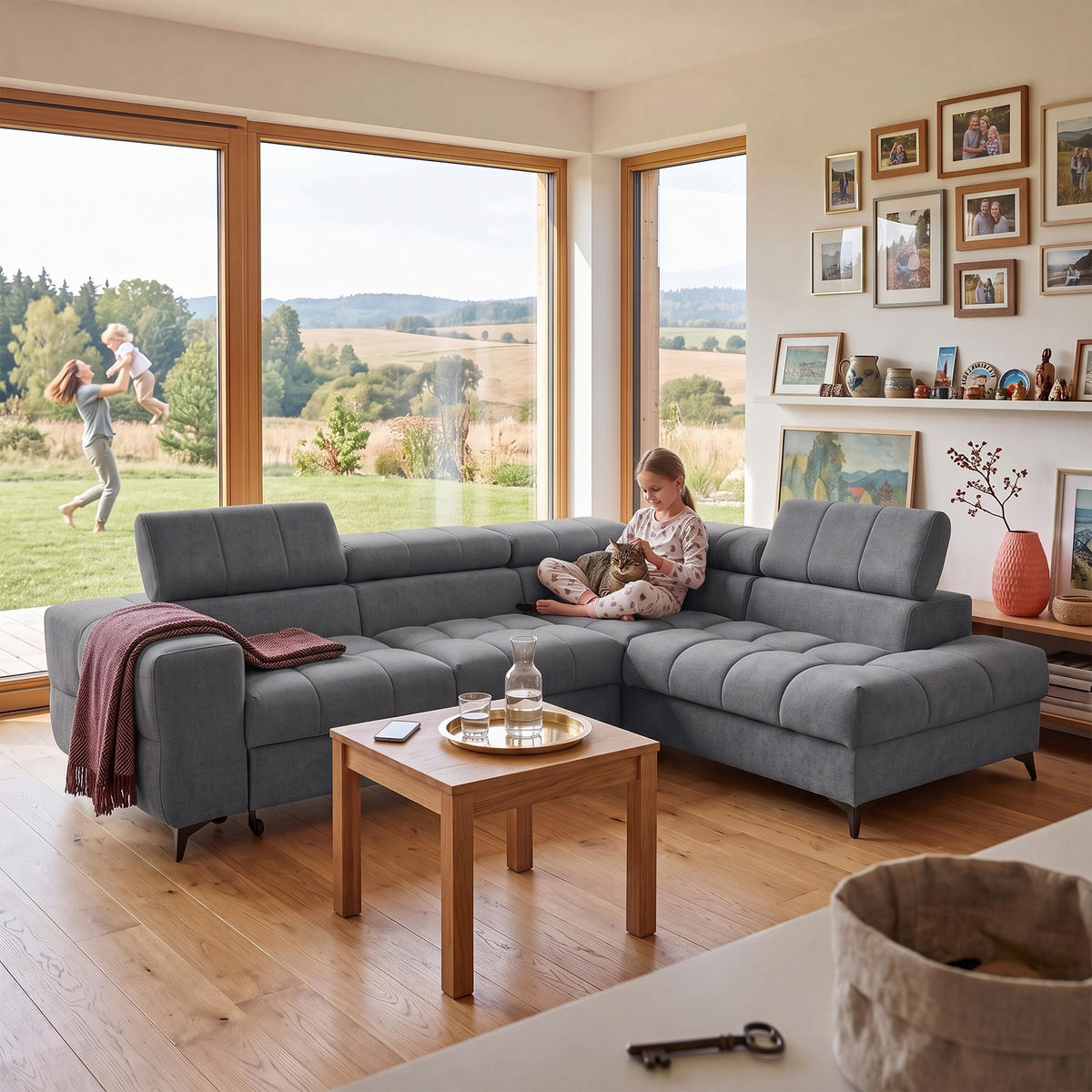 ECKSOFA PUDDING L Rechts mit Schlaffunktion 125x195 Velours Dunkelgrau - Dunkelgrau/Schwarz, Holz/Textil (275/203cm) - Muffo